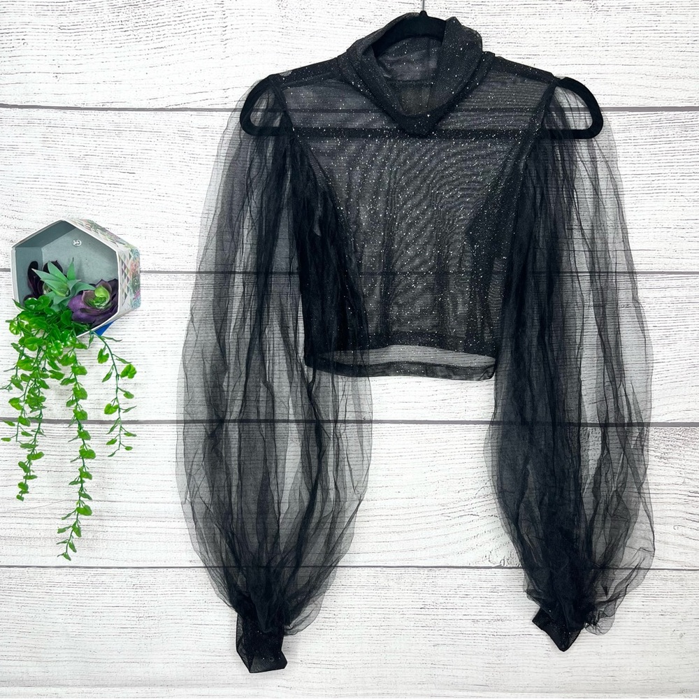 Sheer Black Sparkle Mesh Long Tulle Sleeve Crop Top Size Small